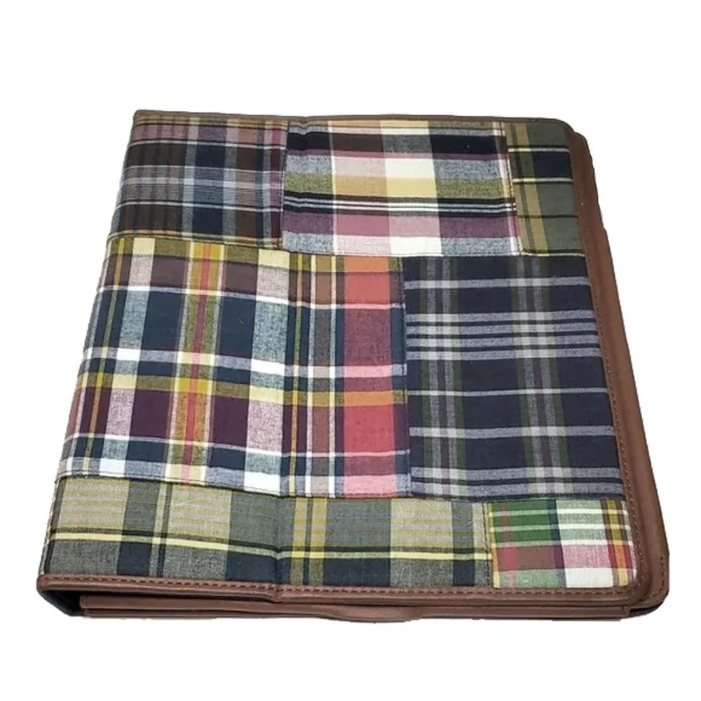 NEW POLO RALPH LAUREN Patchwork Madras Plaid & Leather Tablet Cover! Navy Brown